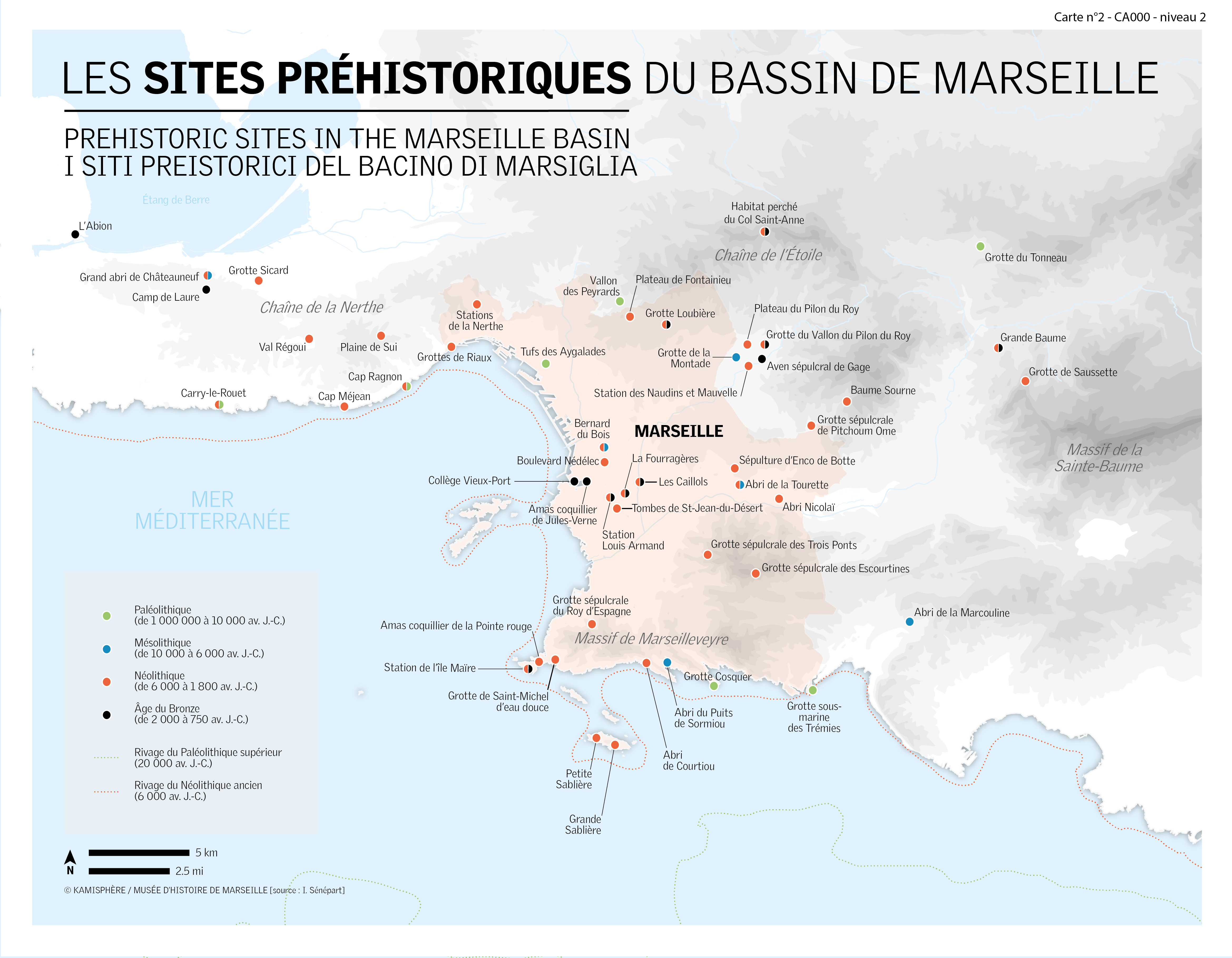 Cartes des sites préhistoriques connus dans le bassin de Marseille