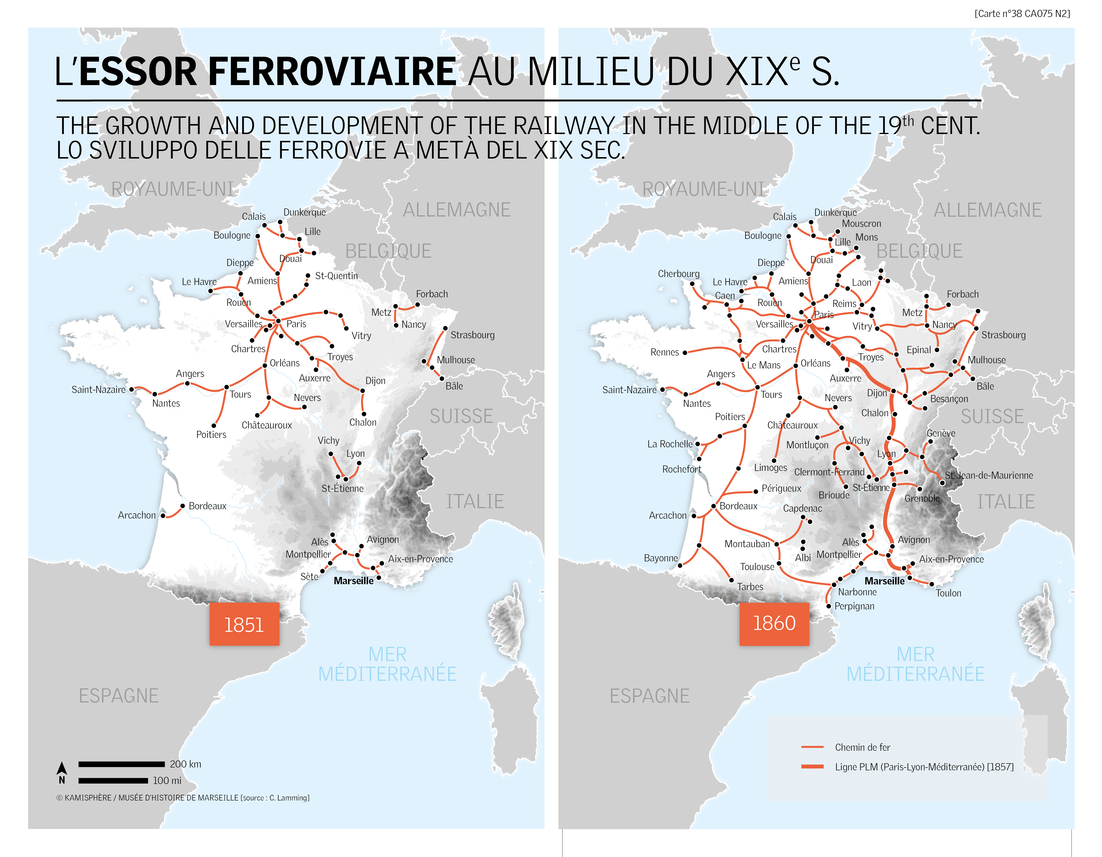 Comparatif des cartes du réseau féroviaire français en 1851 et 1860